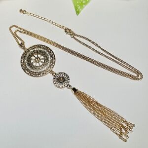 Long Tassel Necklace w/Crystal and GoldTone Filigree Disc Circle Pendants